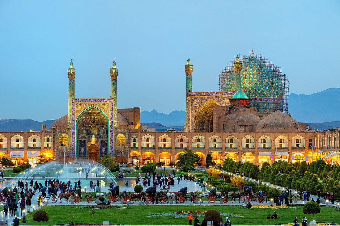 Masjed-e Imam Moschee bei Sonnenuntergang, Maydam-e Iman Platz, UNESCO Weltkulturerbe, Esfahan, Iran, Naher Osten