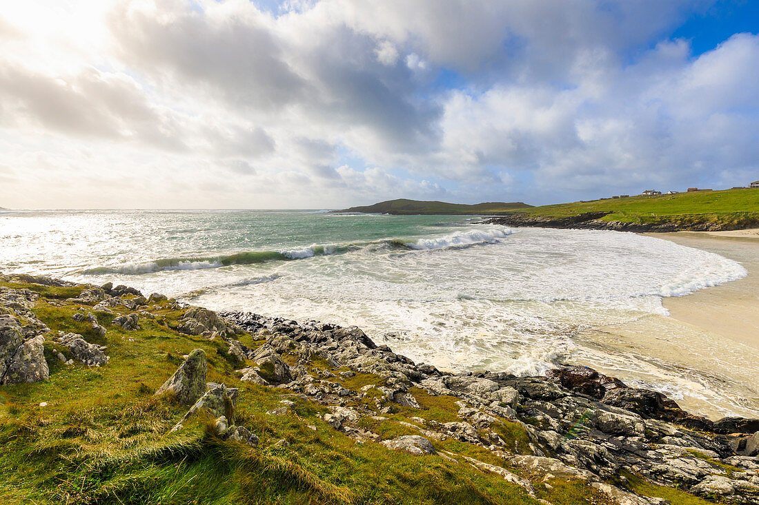 Meal Beach, breaking waves and big seas, stormy weather, Hamnavoe, West Burra Island, near Scalloway, Shetland Isles, Scotland, United Kingdom, Europe