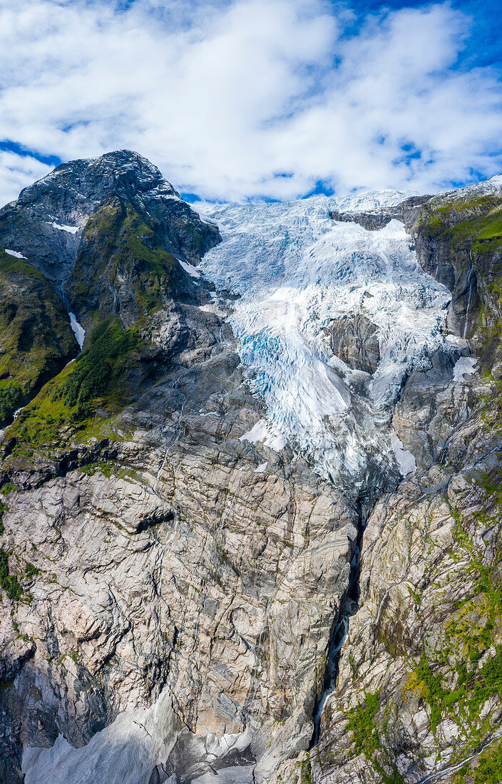 Aerial by drone of Boyabreen Glacier in summer, Jostedalsbreen National Park, Fjaerland, Sogndal, Sogn og Fjordane county, Norway, Scandinavia, Europe