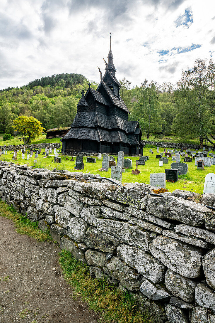 Surrounding stone walls of Borgund Stave Church and cemetery, Laerdal municipality, Sogn og Fjordane county, Norway, Scandinavia, Europe