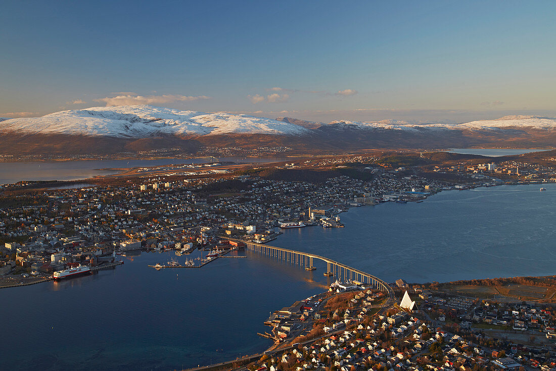View from Fjellheisen to Tromsö in Tromsöysundet, snow, Troms, Norway, Europe