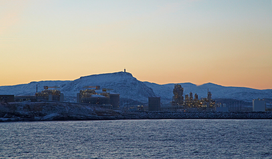 Gas liquefaction plant at Hammerfest, dawn, Melköya Island, Finnmark Province, Vest-Finnmark, Norway, Europe