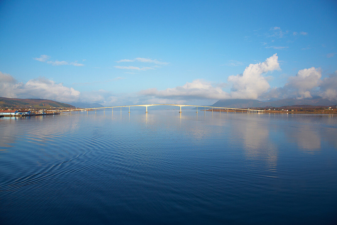 View of Sortland Bridge at Sortlandsundet, Langoeya, Hinnoeya, Vesteralen, Nordland Province, Norge, Norway, Europe