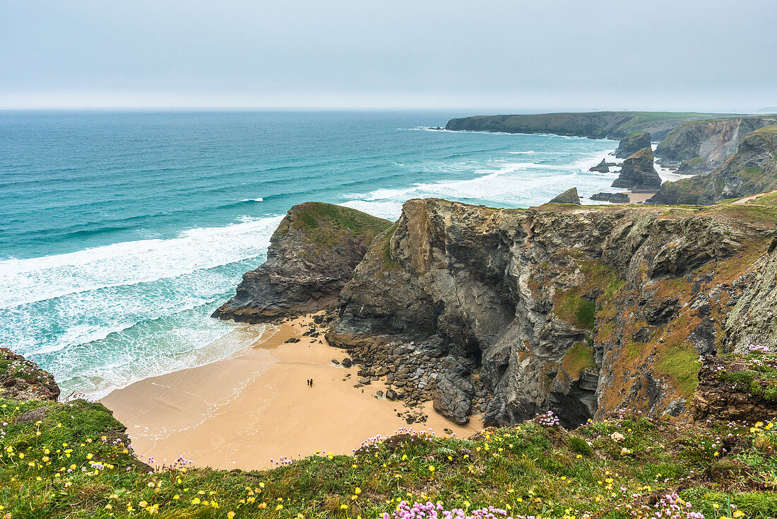 Spectacular rock formations at Bedruthan Steps just north of Newquay, Cornwall, England, United Kingdom, Europe