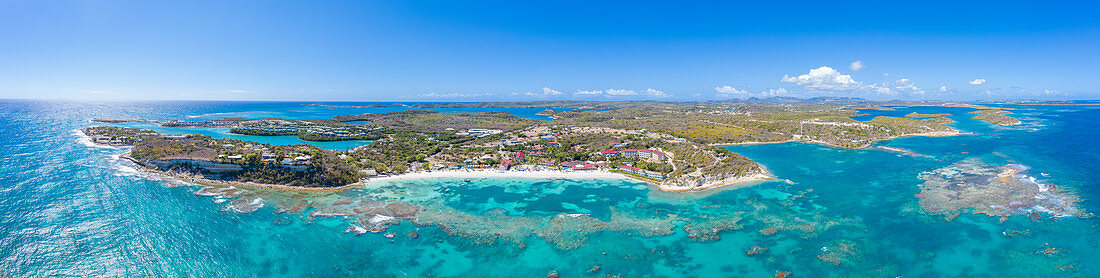 Aerial panoramic by drone of the coral reef around Long Bay, Antigua, Antigua and Barbuda, Leeward Islands, West Indies, Caribbean, Central America