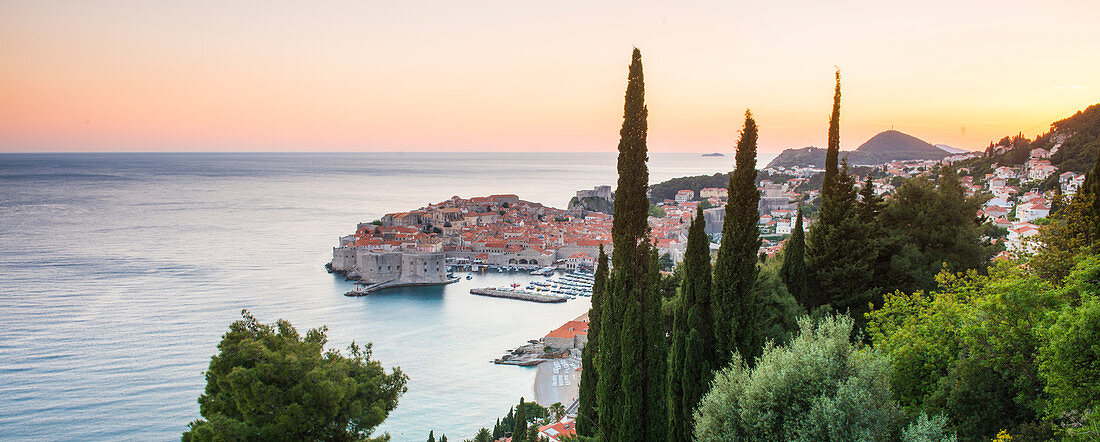 Aerial view of the old town at dusk, Dubrovnik, Croatia, Europe