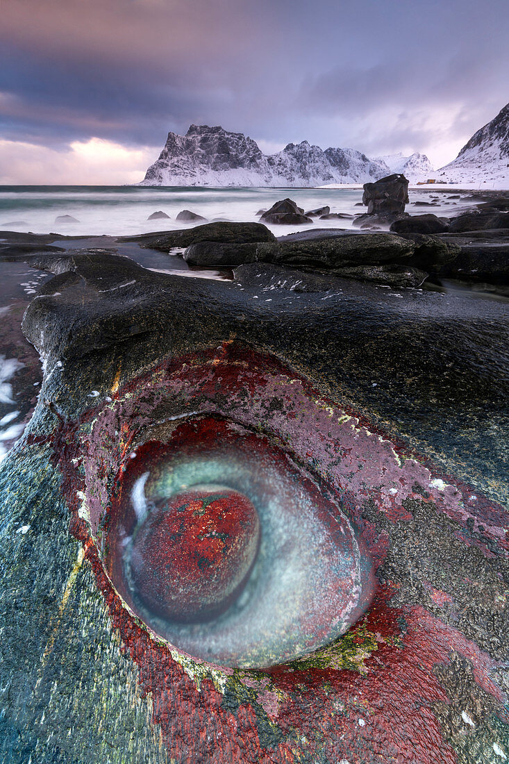 Unusual rock formation at Uttakleiv Beach, Vestvagoy, Lofoten Islands, Nordland, Norway, Europe
