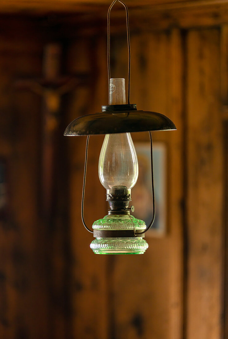 Lantern ivor the Herrgottswinkel of an old farmhouse, Upper Bavaria, Bavaria, Germany