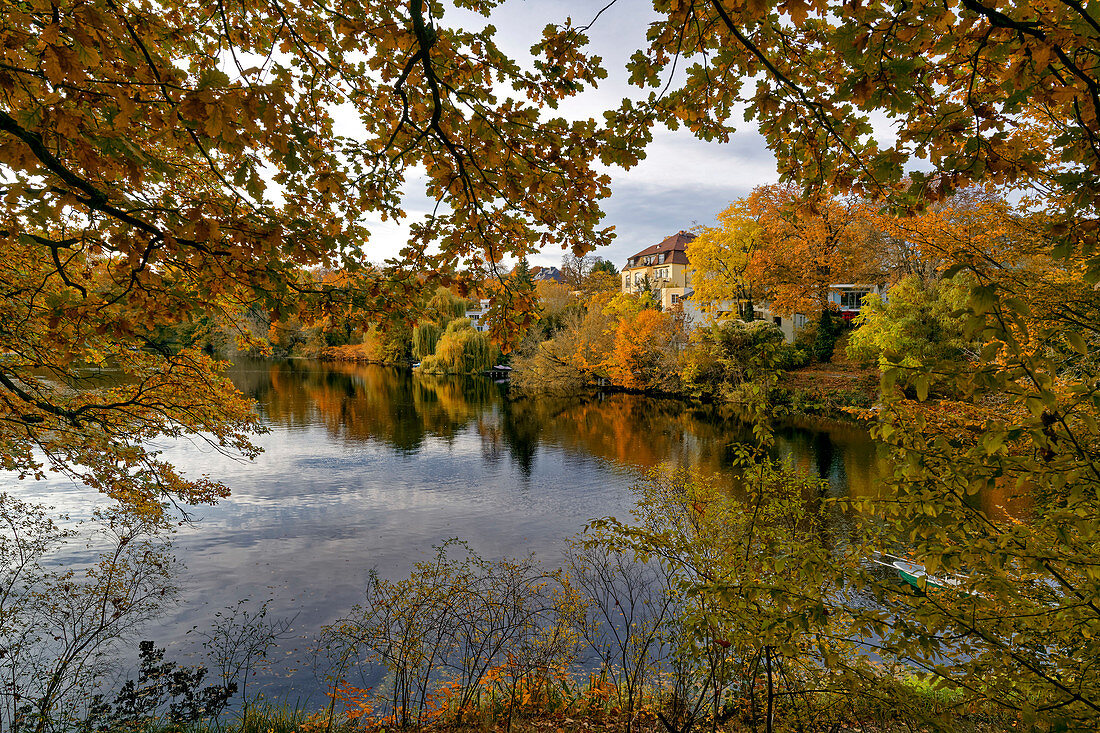 Hubertussee in autumn, Charlottenburg-Wilmersdorf district in the Grunewald villa colony, Berlin, Germany