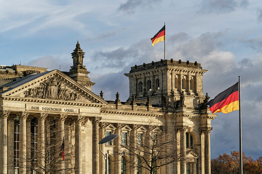 Reichstag, parliament and Bundestag, German national flag, Berlin, Germany