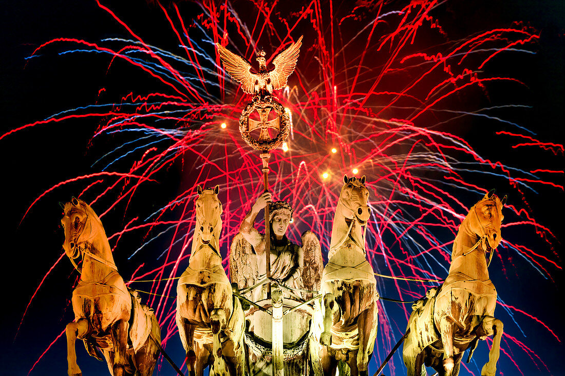 Brandenburg Gate on New Years Eve, Quadriga, fireworks, Berlin, Germany