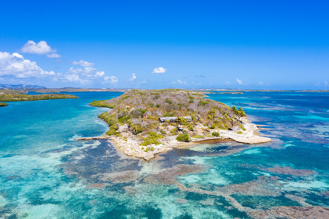 Luftaufnahme durch Drohne des Korallenriffs im türkisfarbenen Wasser des Karibischen Meeres, der Antillen, der Westindischen Inseln, der Karibik, Mittelamerikas