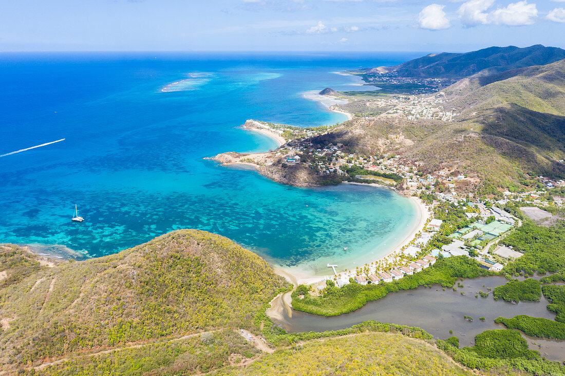 Aerial panoramic by drone of Carlisle Bay Beach and Caribbean Sea, Antigua, Antigua and Barbuda, Leeward Islands, West Indies, Caribbean, Central America
