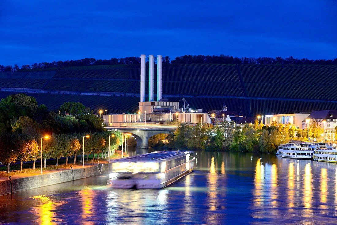 View over the Main with power station and vineyard, Würzburg, Lower Franconia, Bavaria, Germany