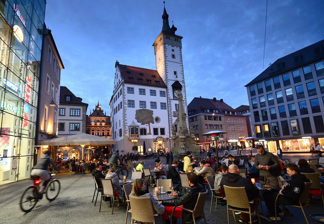 Evening on Rathausplatz, Würzburg, Lower Franconia, Bavaria, Germany