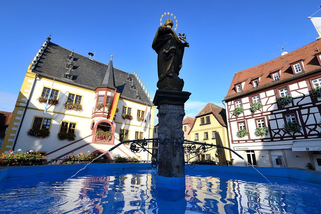 at the market square with town hall in Volkach am Main, Lower Franconia, Bavaria, Germany