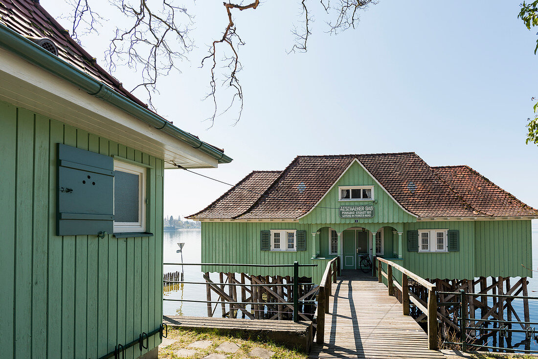 Aeschacher Bad, bath house, historic pile building, Lindau, Lake Constance, Bavaria, Germany