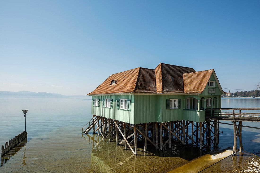 Aeschacher Bad, Badehaus, historischer Pfahlbau, Lindau, Bodensee, Bayern, Deutschland