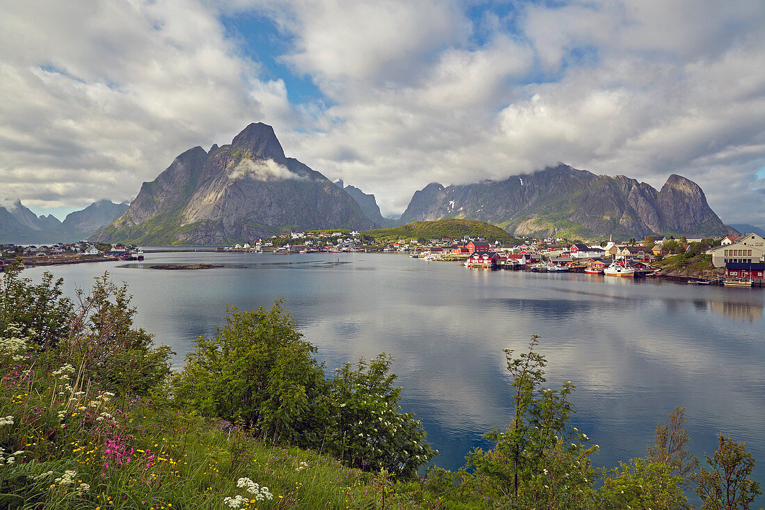 Blick auf Hafenstadt Reine, Moskenes, Lofoten, Nordland, Norwegen, Europa