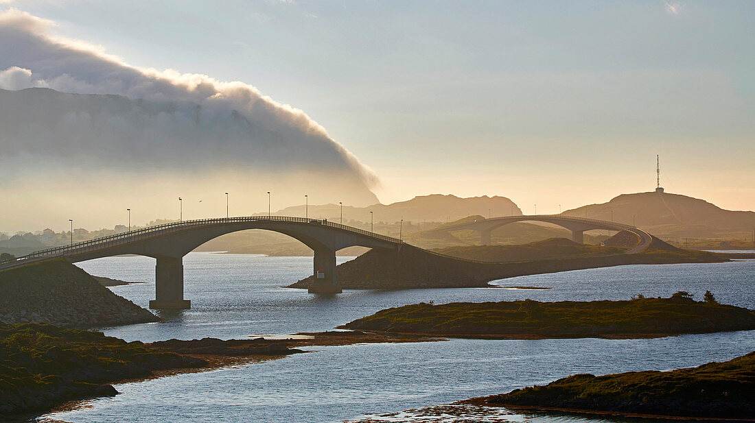 View over 2 arch bridges towards Fredvang, Flakstadoeya, Lofoten, Nordland, Norway, Europe