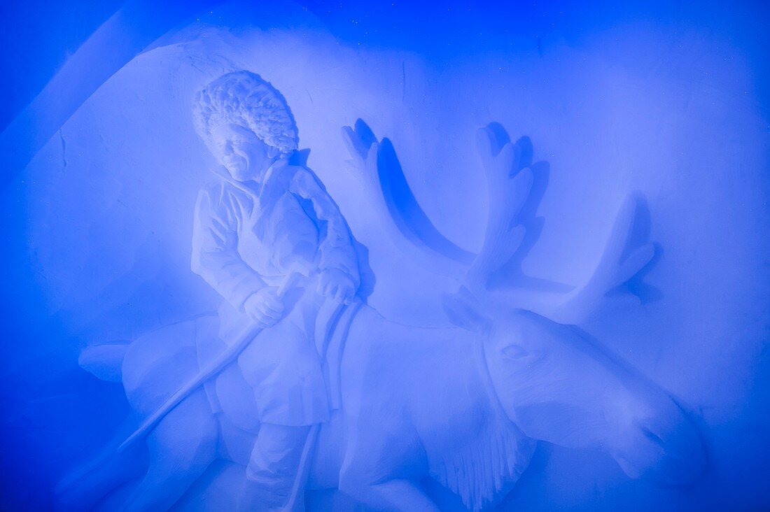 France, Savoie, Tarentaise valley, Vanoise massif, Arcs 2000 ski resort, a Mongolian reindeer breeder in the snow of the wall of the gallery with sculptures of igloo-village, during the winter season 2017-2018