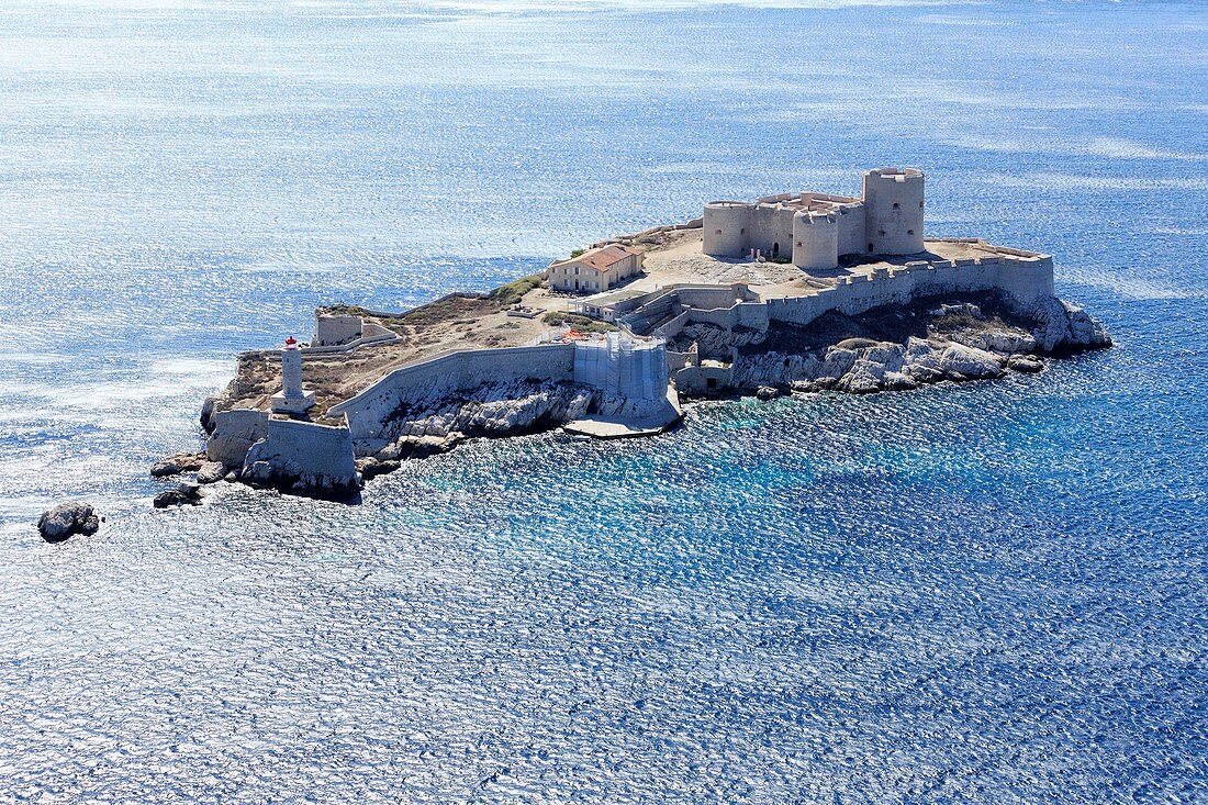 France, Bouches du Rhone, National Park of the Calanques, Marseille, Archipelago of the Frioul Islands, Chateau d'If, classified Historic Monument (aerial view)