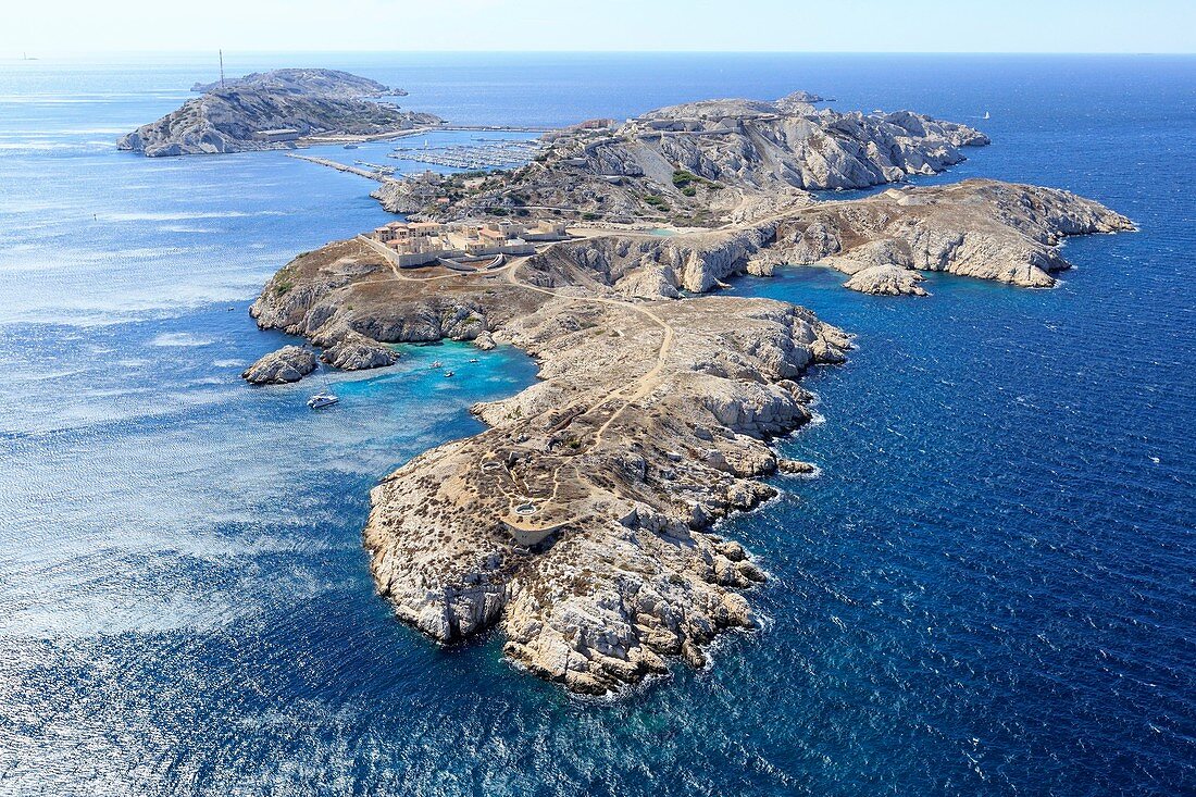 France, Bouches du Rhone, Calanques National Park, Marseille, Frioul Islands archipelago, Ratonneau Island, Cap de Croix, Pomegues island in the background