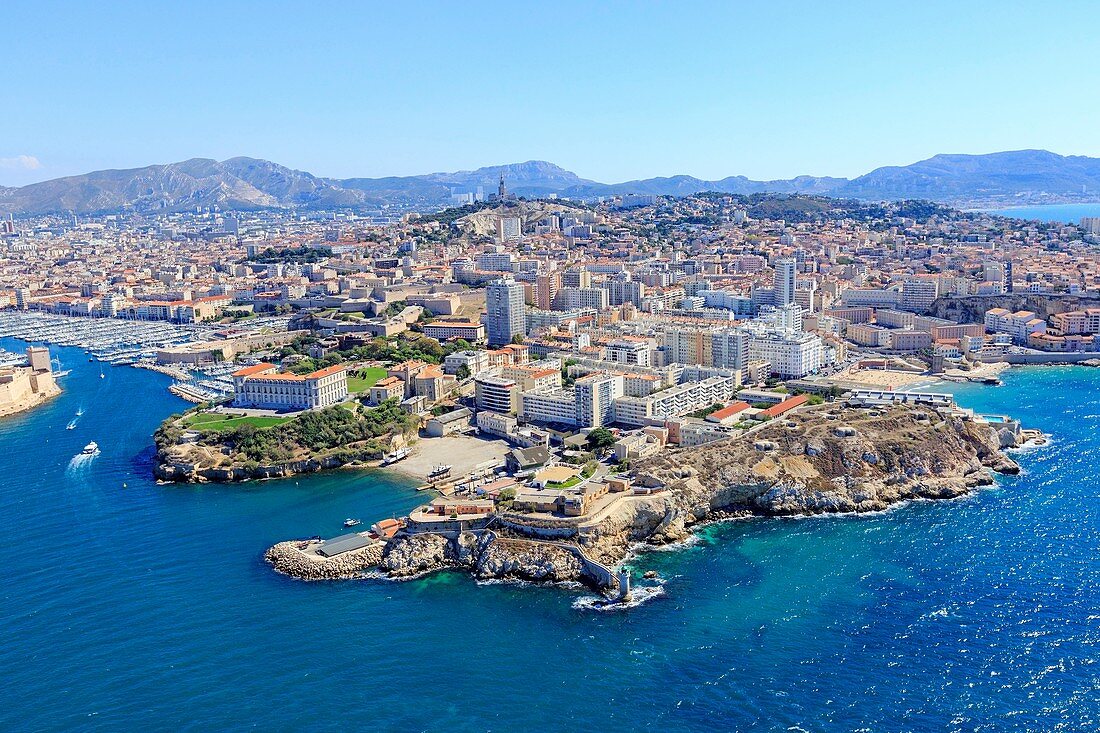 Frankreich, Bouches du Rhone, Marseille, Pharo, Pharo-Palast und Pharo-Bucht (Luftaufnahme)