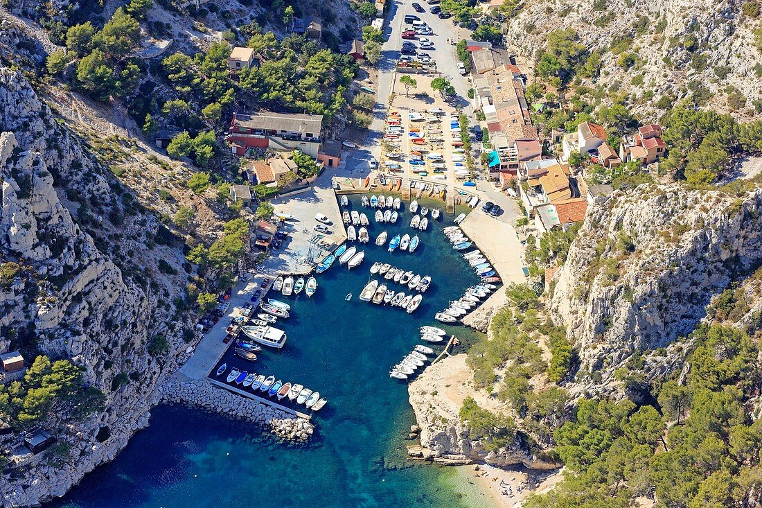 France, Bouches du Rhone, Calanques National Park, Marseille, Calanque de Morgiou (aerial view)