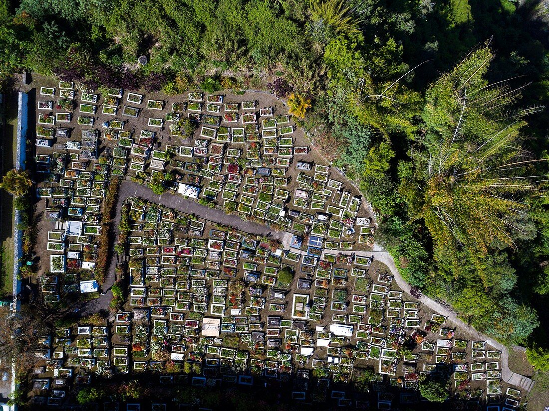 France, Reunion island, Reunion National Park listed as World Heritage by UNESCO, circus of Salazie, Hell Bourg, labeled the Most Beautiful Villages of France, cemetery (aerial view)