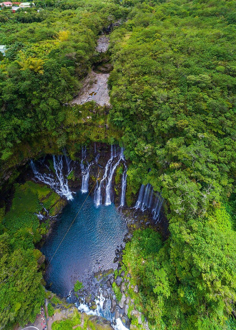 France, Reunion island, Reunion National Park listed as World Heritage by UNESCO, Saint Joseph, Langevin river on the flank of the Piton de la Fournaise volcano, Grand Galet waterfall or Langevin waterfall (aerial view)