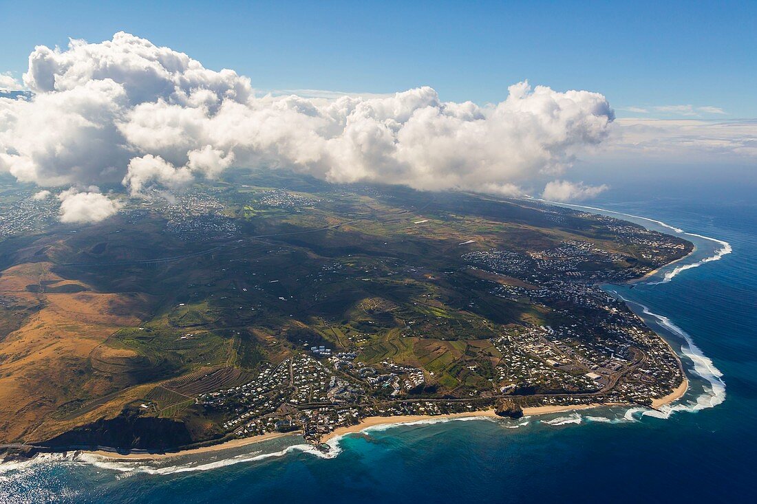 France, Reunion island, aerial view of the west coast of the island, Boucan Canot beach and Saint Gilles (aerial view)