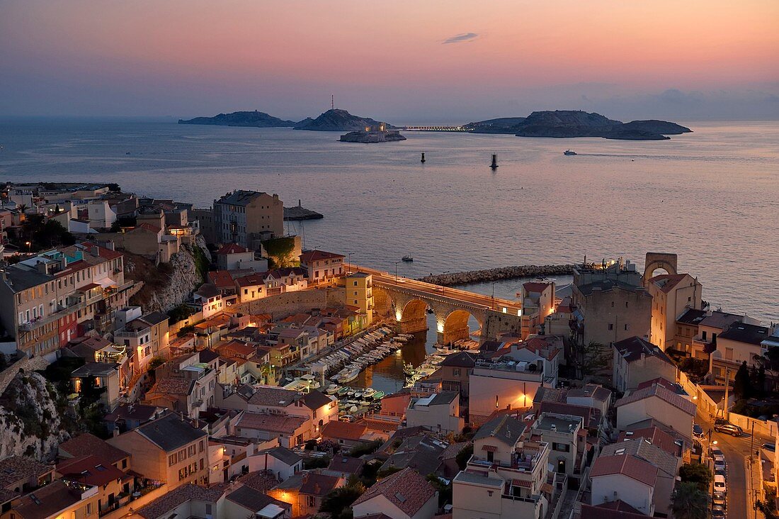 France, Bouches du Rhone, Marseille, Endoume district, Vallon des Auffes, the Frioul archipelago with the Chateau d'If (If castle) in the background