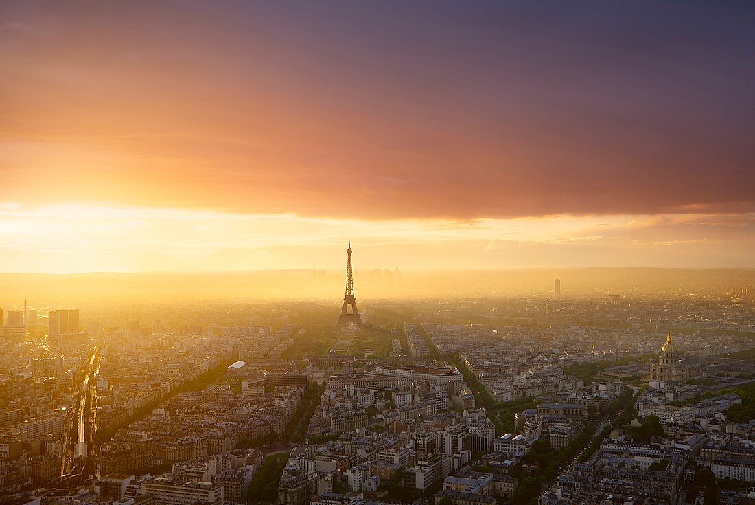 France, Paris, Paris, View from the top floor of Montparnasse tower at sunset