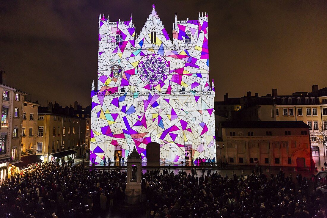 France, Rhone, Lyon, district of Vieux-Lyon, historical site listed as World Heritage by UNESCO, the Lyon Cathedral (Cathedrale Saint-Jean-Baptiste de Lyon) during the Fete des Lumieres (Light Festival), show Unisson of Made.in.hl
