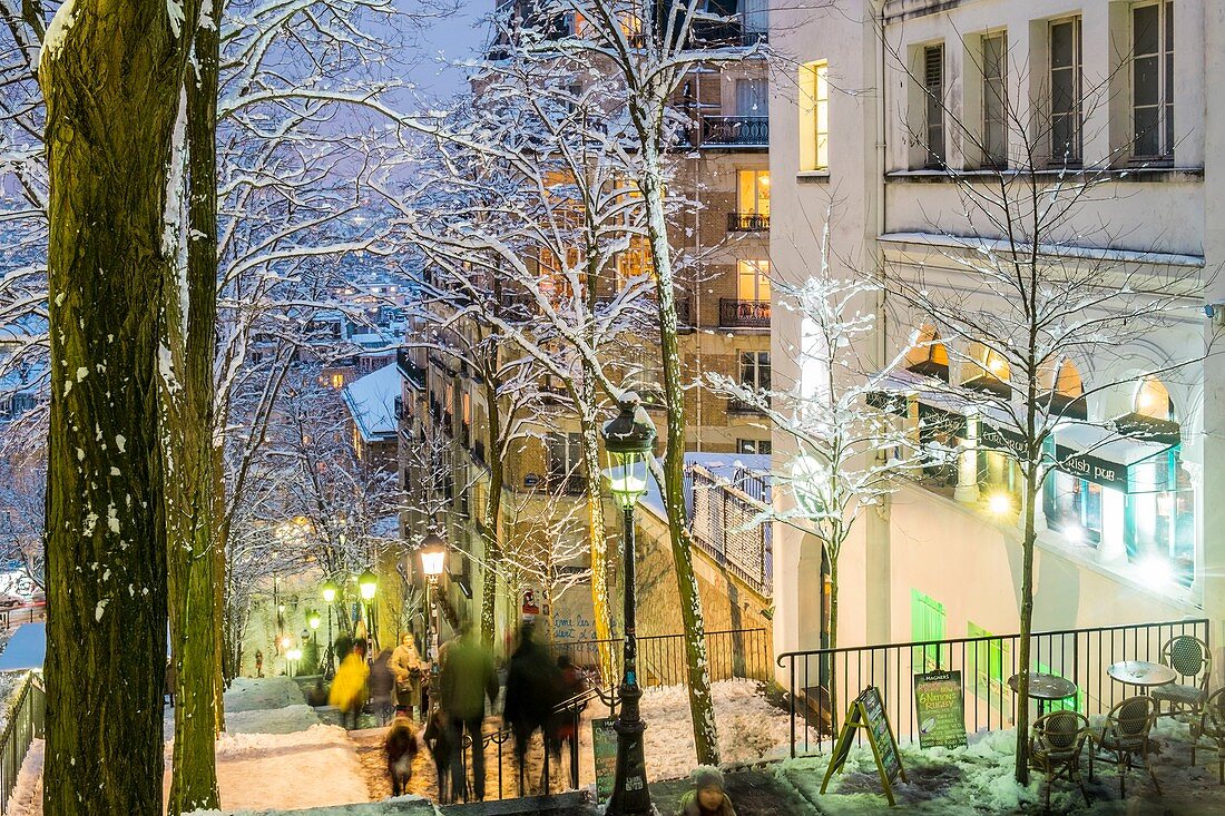 Frankreich, Paris, die Montmartre-Treppe, Schneefälle am 07/02/2018