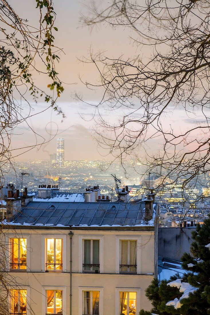 France, Paris, Montmartre, general view with the Montparnasse Tower, snowfalls on 07/02/2018