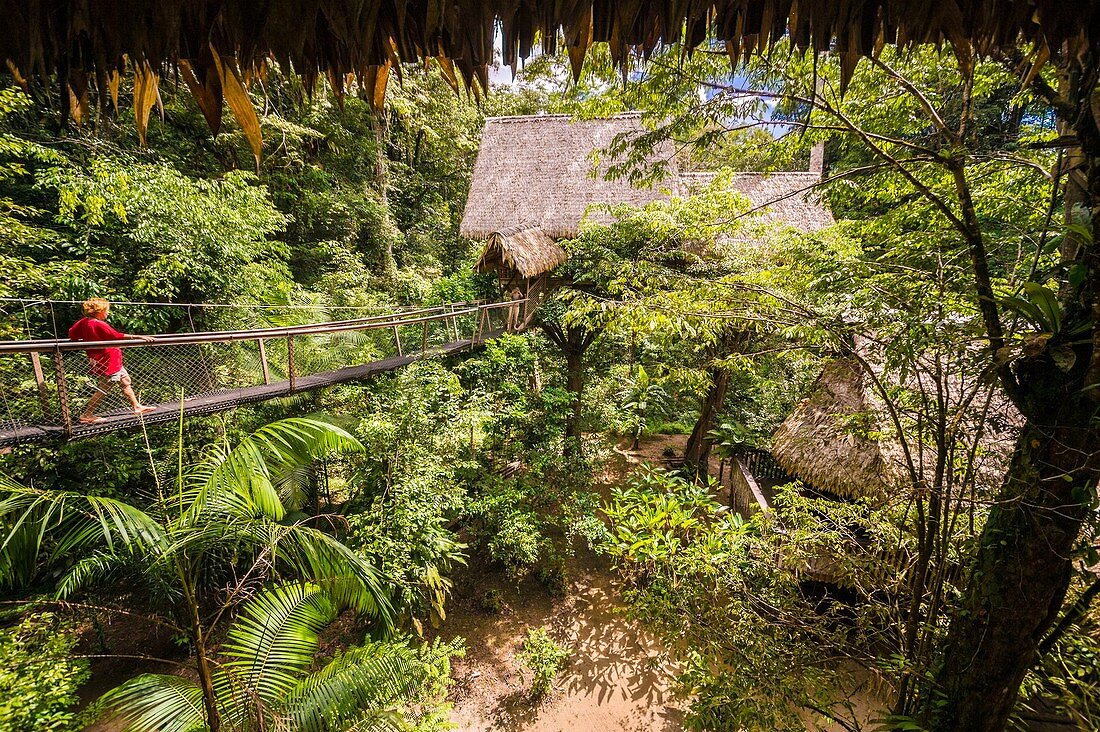 Frankreich, Französisch-Guayana, Kourou, Camp Canopee, Hängebrücke 10 m über dem Boden zwischen zwei ruhenden Hütten mit Hängematten