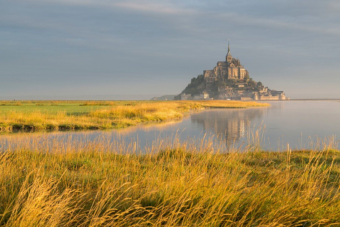 France, Channel, Bay of Mont Saint Michel, listed as World Heritage by UNESCO, Sunrise on Mont Saint Michel from the herbus
