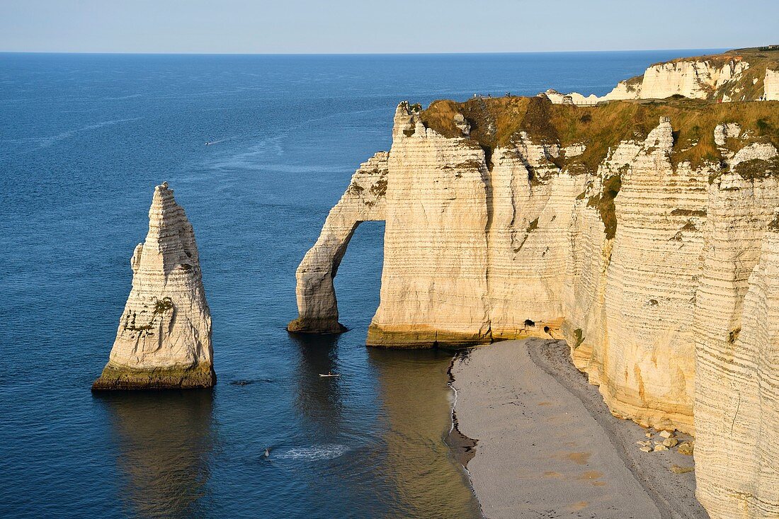 France, Seine Maritime, Pays de Caux, Cote d'Albatre (Alabaster Coast), Etretat, the Aval cliff, the Arch and the Aiguille (Needle) d'Aval