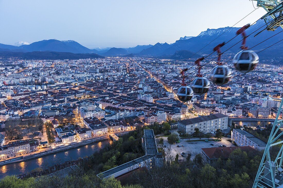 France, Isère, Grenoble, panorama since the fort of the Bastille, seen on the cable railway of Grenoble Bastille and its Bubbles, the oldest urban cable railway of the world and on Jean Jaures Courts the longest rectilinear avenue of Europe