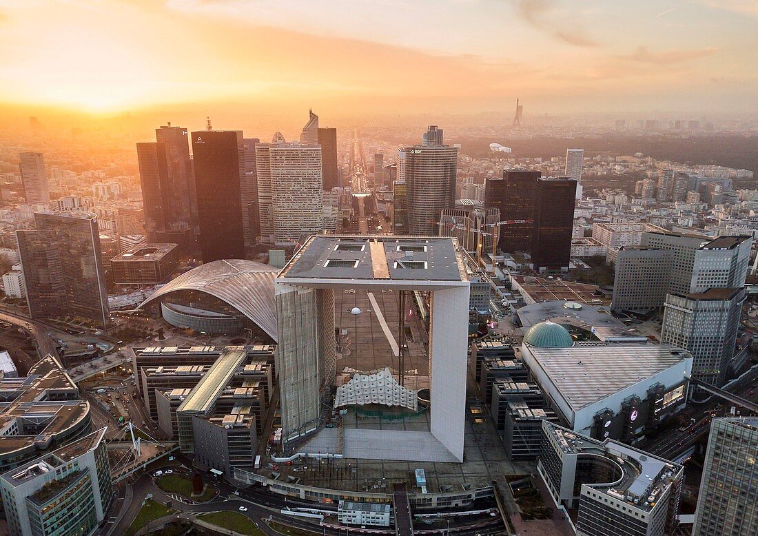 France, Hauts-de-Seine, Puteaux, La Defense district and paris (aerial view)