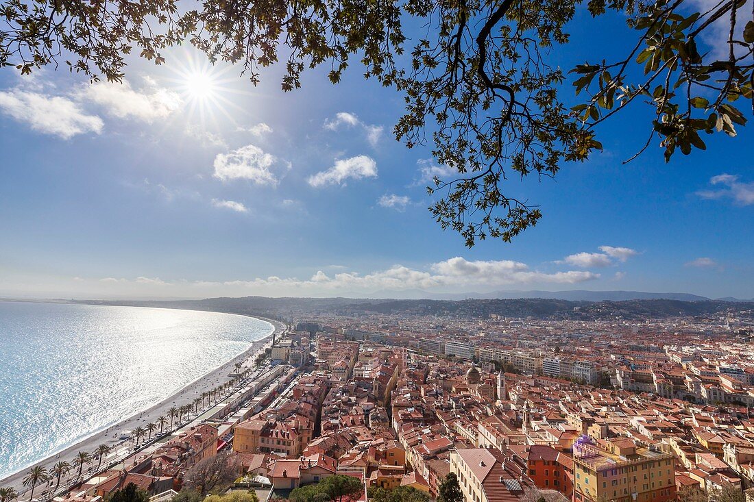 France, Alpes Maritimes, Nice, the Baie des Anges, the Promenade des Anglais and the district of old Nice from the Colline du Château
