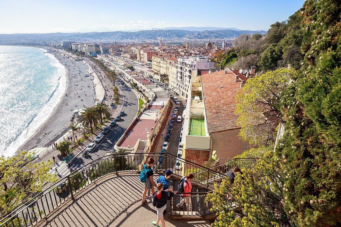 France, Alpes Maritimes, Nice, the Baie des Anges, the beach of Ponchettes and the Quai des Etats Unis and street of Ponchettes from the stairs of the montée Lesage