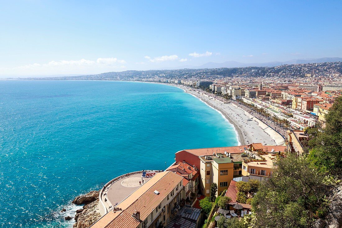 France, Alpes Maritimes, Nice, the Baie des Anges, in the foreground the sundial of the esplanade of Rauba Capeù, the Promenade des Anglais in the background