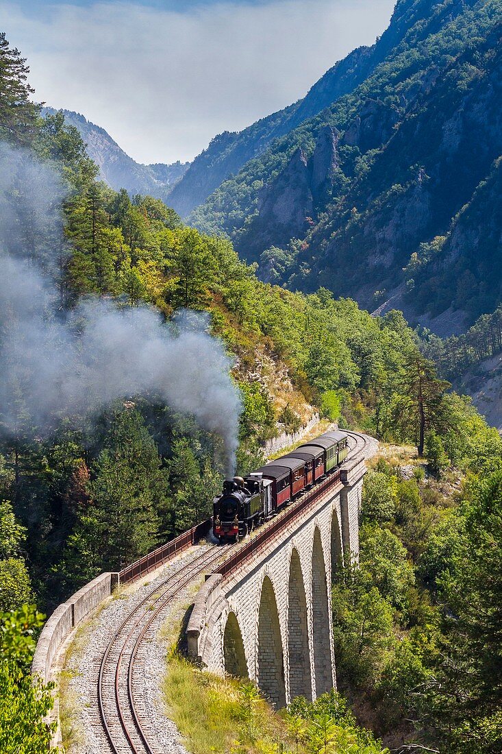 Frankreich, Alpes-de-Haute-Provence, die Gerüste nach Annot, der Train des Pignes überquert den Viadukt des Donne oberhalb des Coulon