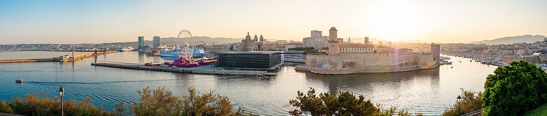 France, Bouches du Rhone, Marseille, J4 pier, Fort Saint Jean, MuCEM (Museum of European and Mediterranean Civilizations) by architect Rudy Ricciotti and the basilica of La Major