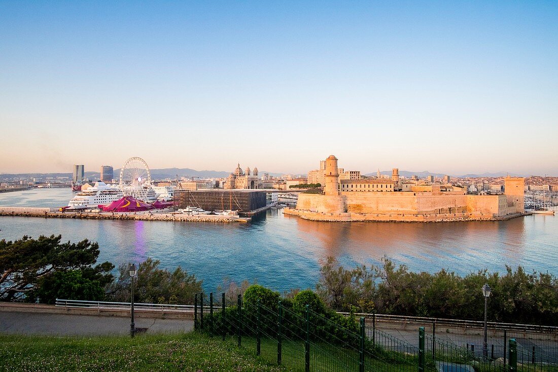 France, Bouches du Rhone, Marseille, J4 pier, Fort Saint Jean, MuCEM (Museum of European and Mediterranean Civilizations) by architect Rudy Ricciotti and the basilica of La Major