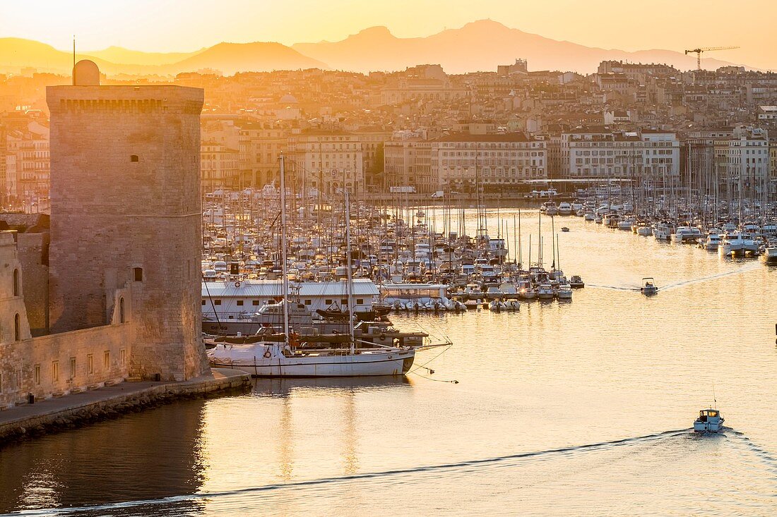 France, Bouches du Rhone, Marseille, the entrance to the Vieux Port and Fort Saint Jean at sunrise