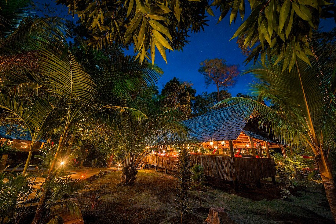 France, French Guiana, Kourou, Main hut of relaxation and restoration, Wapa Lodge by night